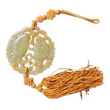 Chinese old carved jade pendant with twin lucky fishes  and Rust Cord picture