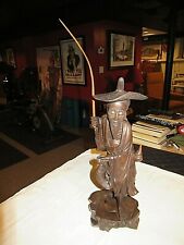Antique Asian - Chinese? Hardwood Wood Fisherman Carving Of Old Man w/Fish 16â€� picture
