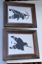VINTAGE PAIR  ESKIMO PAINTING WOOL NEEDLE WORK FISHING & HUNTING SIGNED & DATED picture