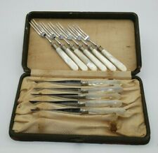 VINTAGE NICKELIN FISH/FRUIT/CHEESE FORKS & KNIVES with MOP HANDLES in BOX  picture