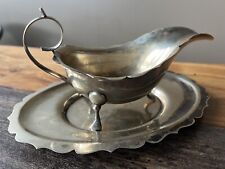 ANTIQUE STERLING SILVER GRAVY BOAT + MATCHING EPNS TRAY BOTH WITH SCALLOPED EDGE picture