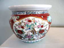 Antique Chinese hand painted birds  wild cherry blossoms and red roses fish bowl picture
