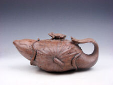 Vintage Stone Crafted Teapot Carp Fish Wrapped In Lotus Leaf Shaped w/ Frog Lid picture
