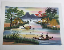 Chinese Original Watercolor painting Silk fabric Village River Fishing 12x8 picture