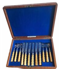 Antique Mahogany Boxed Fish Cutlery Set Engraved 12 Piece Benetfink London Good picture