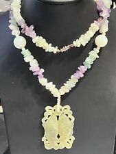 Vintage Celodon Green Jade Amethyst Pearl CARVED FISH Necklace Long PISCES picture