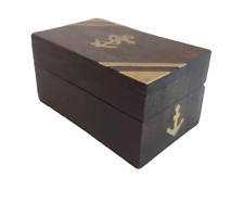 Navy Wooden Box Brass Naval Anchor inlay Wood Boat Ship Captain Trinket Jewelry picture