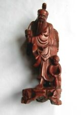 Chinese immortal carved redwood fisherman with child & fish Qing dynasty antique picture