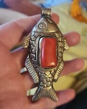 Vintage Tibetan Turquoise Fish pendant Necklace Red Coral Silver Repouse  picture