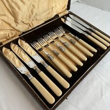 Vintage Boxed Set Of 6 Silver Plated Fish Knife & Forks With Celluloid Handles picture