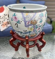 Vintage Chinese Koi Fish Planter With Cranes And Flowers.  Stand Included. picture