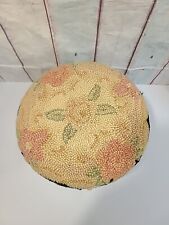 Vintage Small Round Foot Stool Hook Rug Floral Seat Cover Black Pink Wooden Legs picture