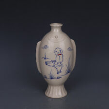 11 Tang Blue white Porcelain Xing Kiln Handmade Boy Child Fish Happy Bottle Vase picture