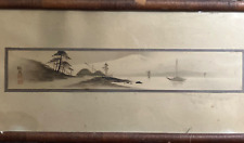 ANTIQUE JAPANESE WATERCOLOR PAINTING BOAT WATER FUJI MOUNTAIN GILDED PANORAMIC picture