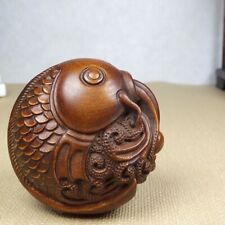 Asian Hand Carved Boxwood Netsuke Figurine cute Fish fengshui Carp statue curio picture