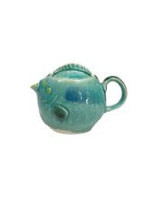 Antique Happy Fish Teal Blue Ceramic Teapot Japan With Lid Tea Pot 5” picture