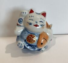 Japanese Porcelain Smiling Lucky Cats One With A Fish picture