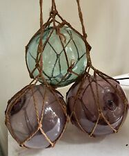 Glass Fishing Boat Net Floats -Buoys Set Of 3 Blown Balls Lilac Green picture