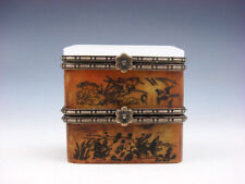 Vintage Double Jewelry Box Birds Fish Overlay Nephrite Jade Lid Crane & Lotus #A picture