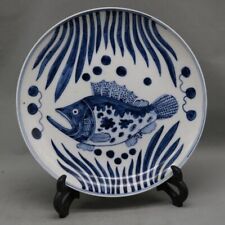 Old Chinese Blue & White Porcelain Qing Guangxu Hand Painted fish algae Plate 65 picture