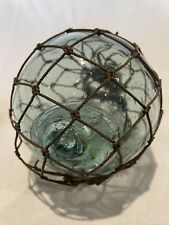Vintage Green Blown Glass Fishing Float Ball Buoy with Netting 5in picture