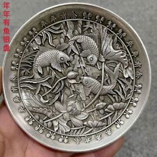 Old Chinese tibet silver handcarved Lotus fish plate Qianlong Mark432 picture