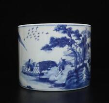 Kangxi Signed Rare Antique Chinese Blue & White Porcelain Brush Pot w/fish picture