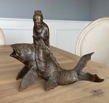 Immortal Chinese Kinko Riding Carp Fish Statue - Cast Iron - Japanese 12” x 9.5” picture