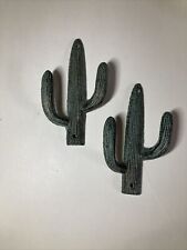 2 Cast Iron Green Wash Saguaro CACTUS Wall Hook Set Coat Hat Towel picture