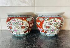 2-Antique Chinese hand painted birds  wild cherry blossoms and roses fish bowl picture