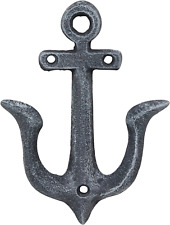 Antique Pewter Silver Cast Iron Anchor Double Wall Hook, Rustic Nautical Design, picture