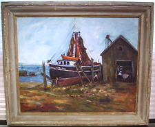 Vintage Original Oil Painting Harbor Fishing Boat Impressionism picture