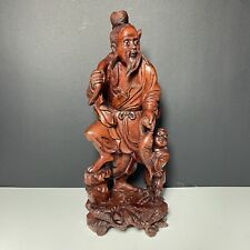Vtg Chinese Hand Carved Wood Shou Lao Figure Sculpture FIsherman w/Boy 9.5” SEE picture
