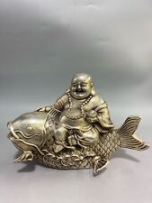 8'' copper silver plating sculpture fengshui fortune fish Maitreya Buddha statue picture
