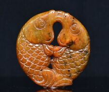 2'' Chinese Hongshan Culture Natural Old Jade Carved Double Fish Amulet Pendant picture