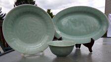 3 Chinese Longquan Celadon Glazed Porcelain Oval Platter, Bowl, Plate Koi Fish picture