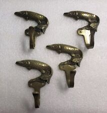 SET OF 4 VINTAGE SOLID BRASS PIKE FISH HOOKS COAT HOOKS WITH SCREWS  picture