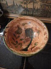 Vtg Primitive Clay Pottery Hand Painted Bowl Fish 10.75