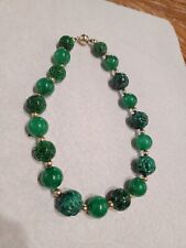 Chinese Jade & Malachite?carved  Beads Necklace W/ 14k Hook Stamped 585 picture