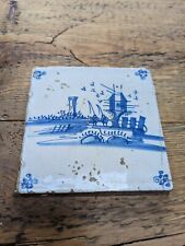 18thC blue Delft tile, people fishing, bridge and river, antique VGC for age picture