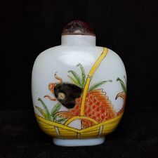 3.2 inch Old Chinese Glaze Carving Hand Painting Lotus Fish Statue Snuff Bottle picture