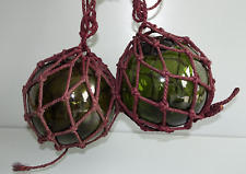 Vintage 2 Fishing Buoy Floats Green Glass With Netting Ropes 5” picture