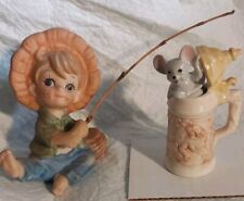 2 Vintage Porceline Le go Figurine's-BOY FISHING-MOUSE In A Beer Stein made In   picture