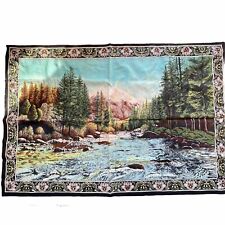 Vtg Mountain Stream Forest Tapestry 70s Wall Hanging Rod Pocket Olive Green Blk picture
