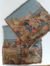 Pair of Vintage Woven Tapestry Panels Peasant Fisherman Seaside Scene 18x18'' picture