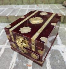 Chinese Lacquered Jewelry Box w/ Brass Fish Lock TRAVELING VANITY Rosewood VTG picture