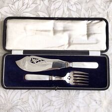 1926 Solid Silver Hallmarked Collar Fish, Food Servers, Mother Of Pearl Handles picture