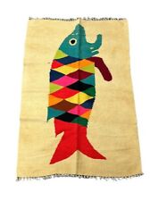 Handmade Vintage Rug Aztec Style Fish Pictorial Design Multicolor 2'5 x 3'9 picture
