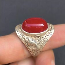 Ancient Chinese Tibetan Silver fish Lucky Dynasty red Jade Ring picture