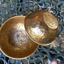  Antique C.19th Small Brass Bowls Pair Hand Hammered Fish Birds Nature 4.5
